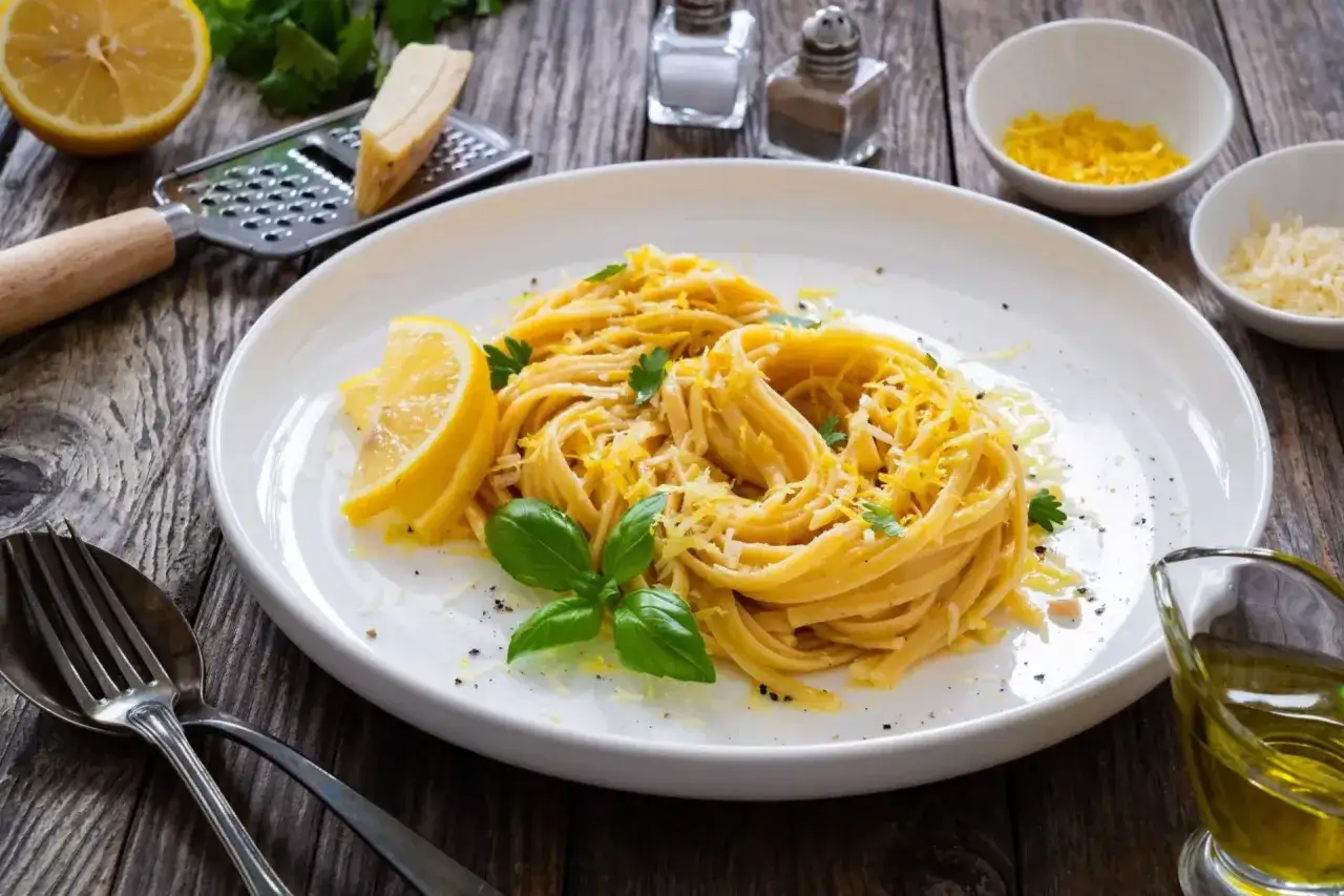 Un piatto di tagliolini al limone, guarniti con scorza di limone, parmigiano e basilico fresco. Accanto, spicchi di limone, una grattugia e una ciotolina d'olio.