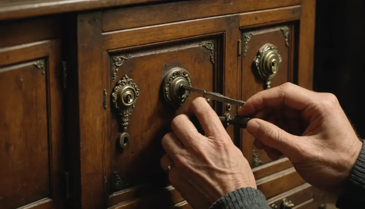 Main d'un artisan travaillant sur un meuble ancien, utilisant un outil pour comment enlever des ferrures.