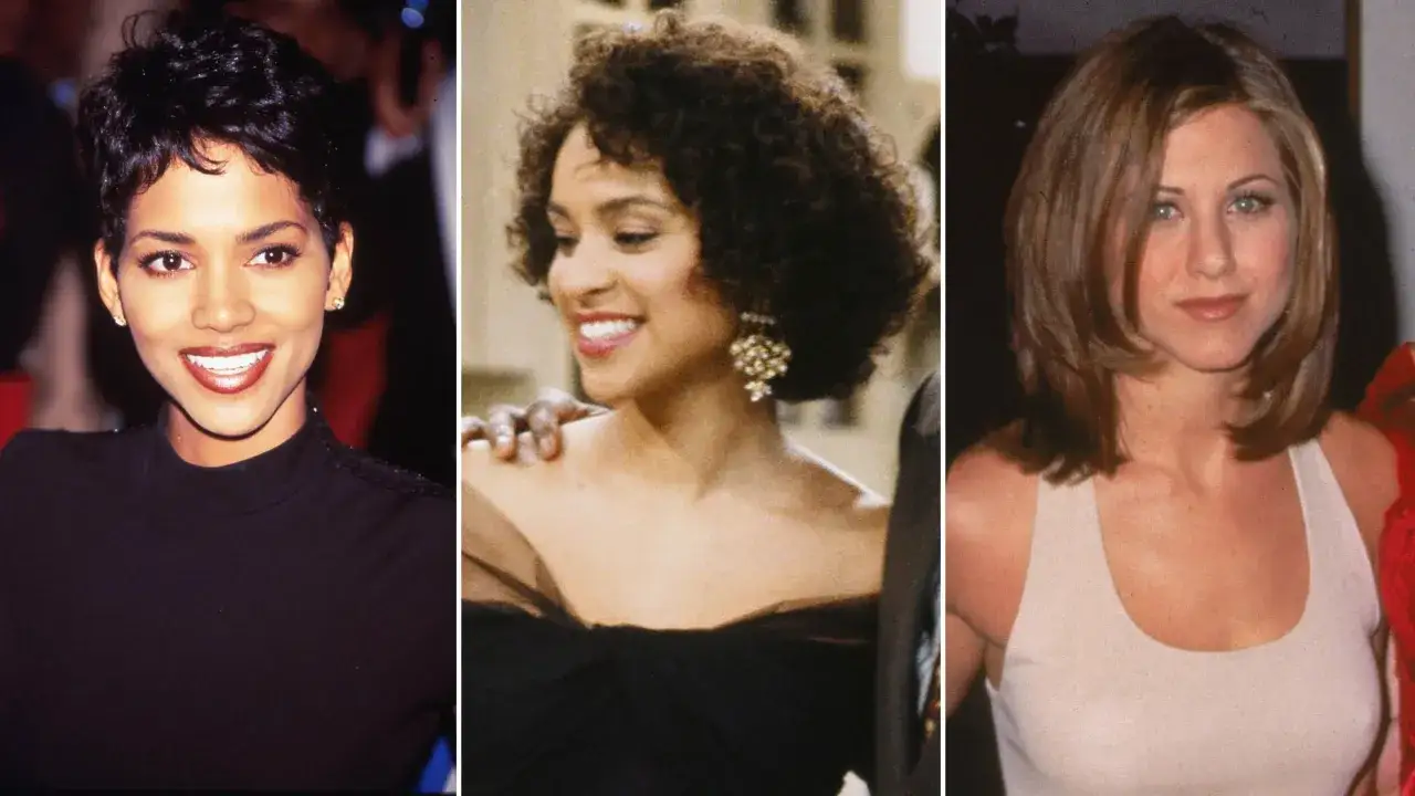 Halle Berry, Whitney Houston i Jennifer Aniston prezentują ikoniczne fryzury lat 90. damskie: krótkie, kręcone i warstwowe.