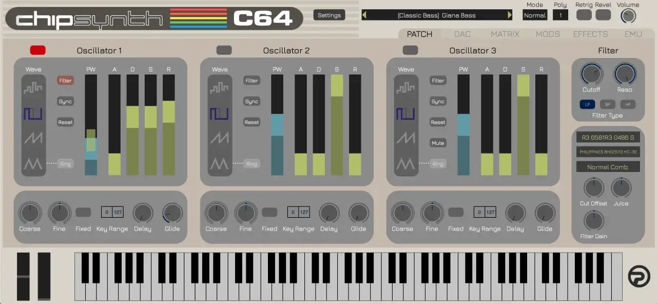 A digital synthesizer interface, reminiscent of a Commodore 64, with three oscillators, filter controls, and a virtual keyboard. This Commodore 64 VST allows for detailed sound design.