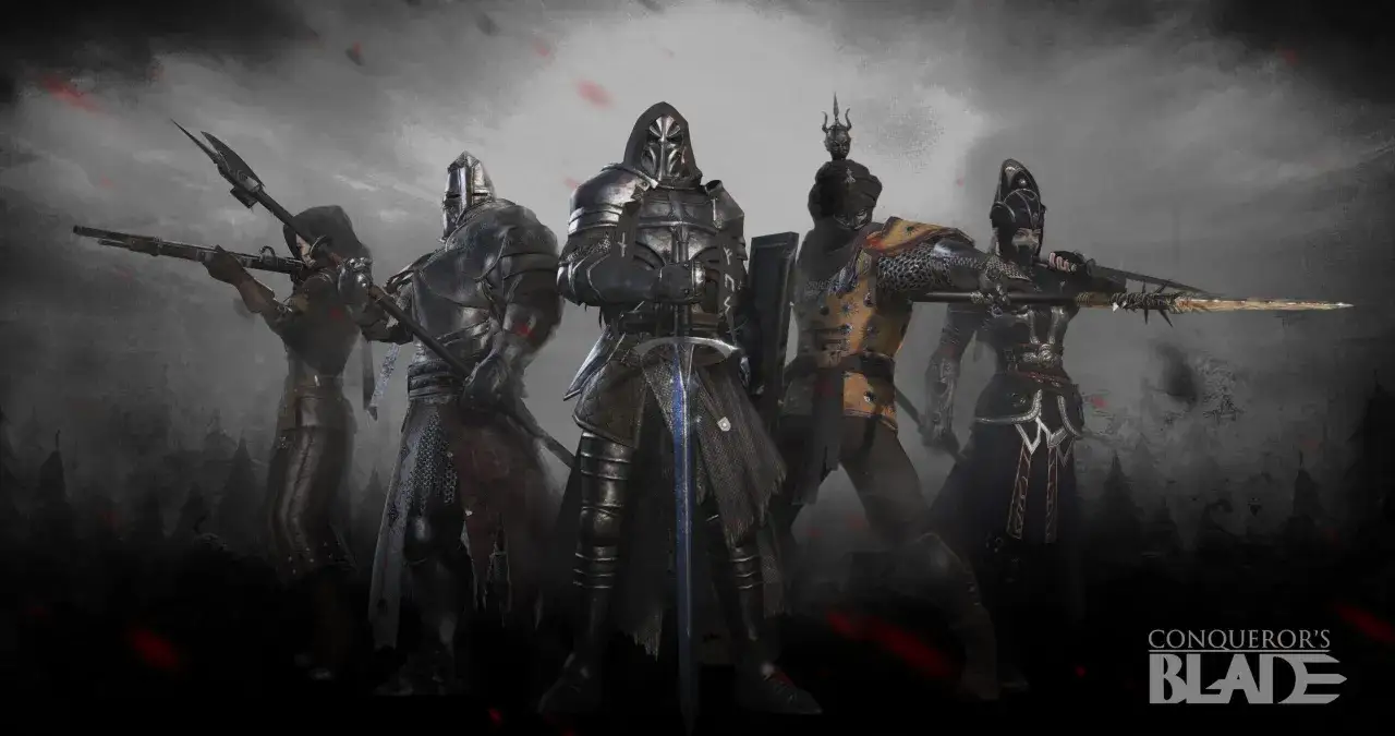 Pięciu rycerzy w zbrojach, gotowych do walki. Wskaz&oacute;wki do gry Conqueror's Blade.