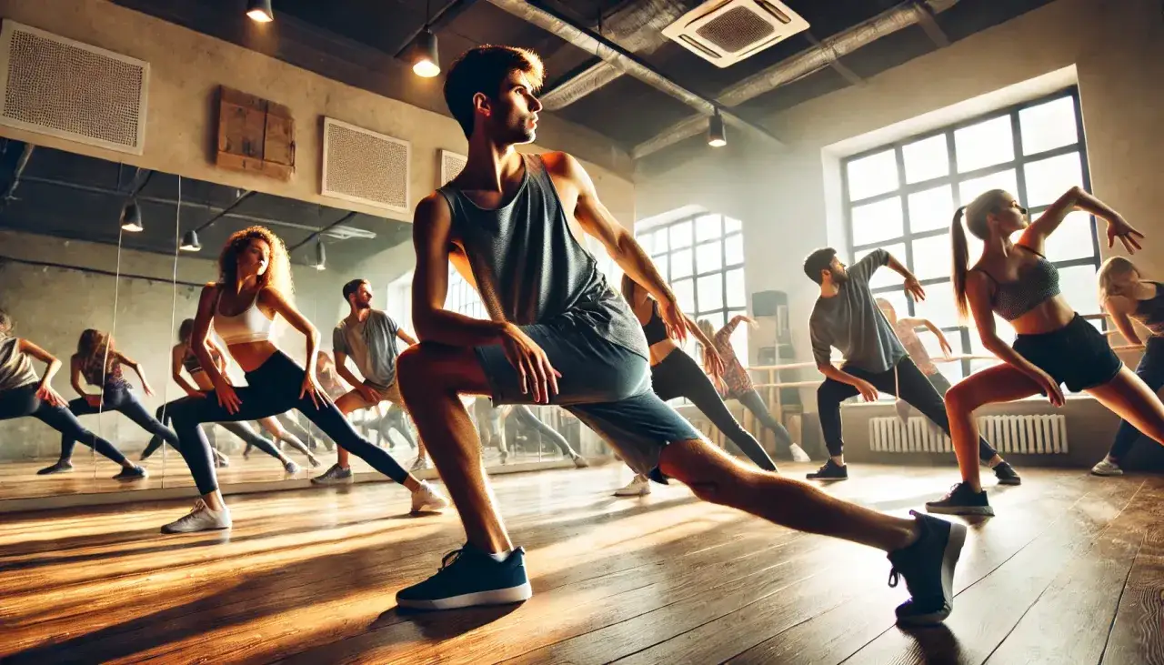 Un groupe de danseurs s'exerce dans un studio lumineux, capturant l'&eacute;nergie de la danse urbaine.
