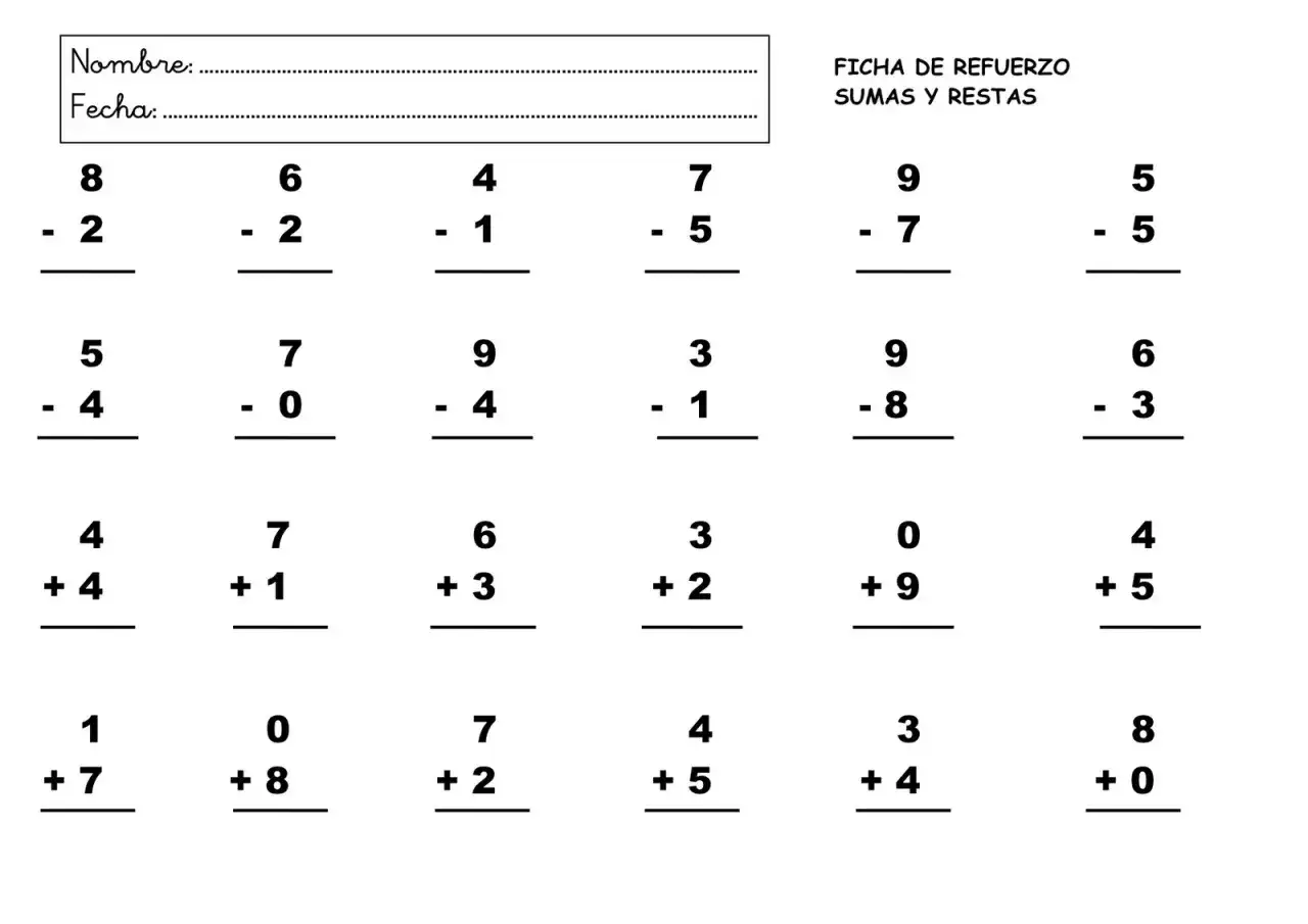 Ficha de refuerzo con fichas de sumas y restas para imprimir. Ejercicios de matemáticas para practicar.
