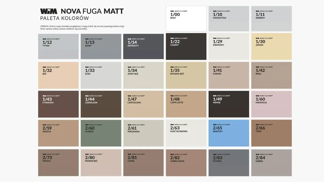 Paleta kolorów fugi Nova Fuga Matt. Wybierz idealny odcień, by obliczyć, ile kg fugi na m2 potrzebujesz do swojego projektu.