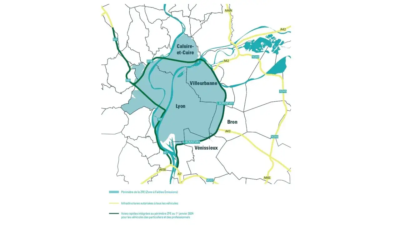 Carte du périmètre de la zone zfe lyon, incluant Lyon, Villeurbanne, Bron et Vénissieux, avec les infrastructures routières.