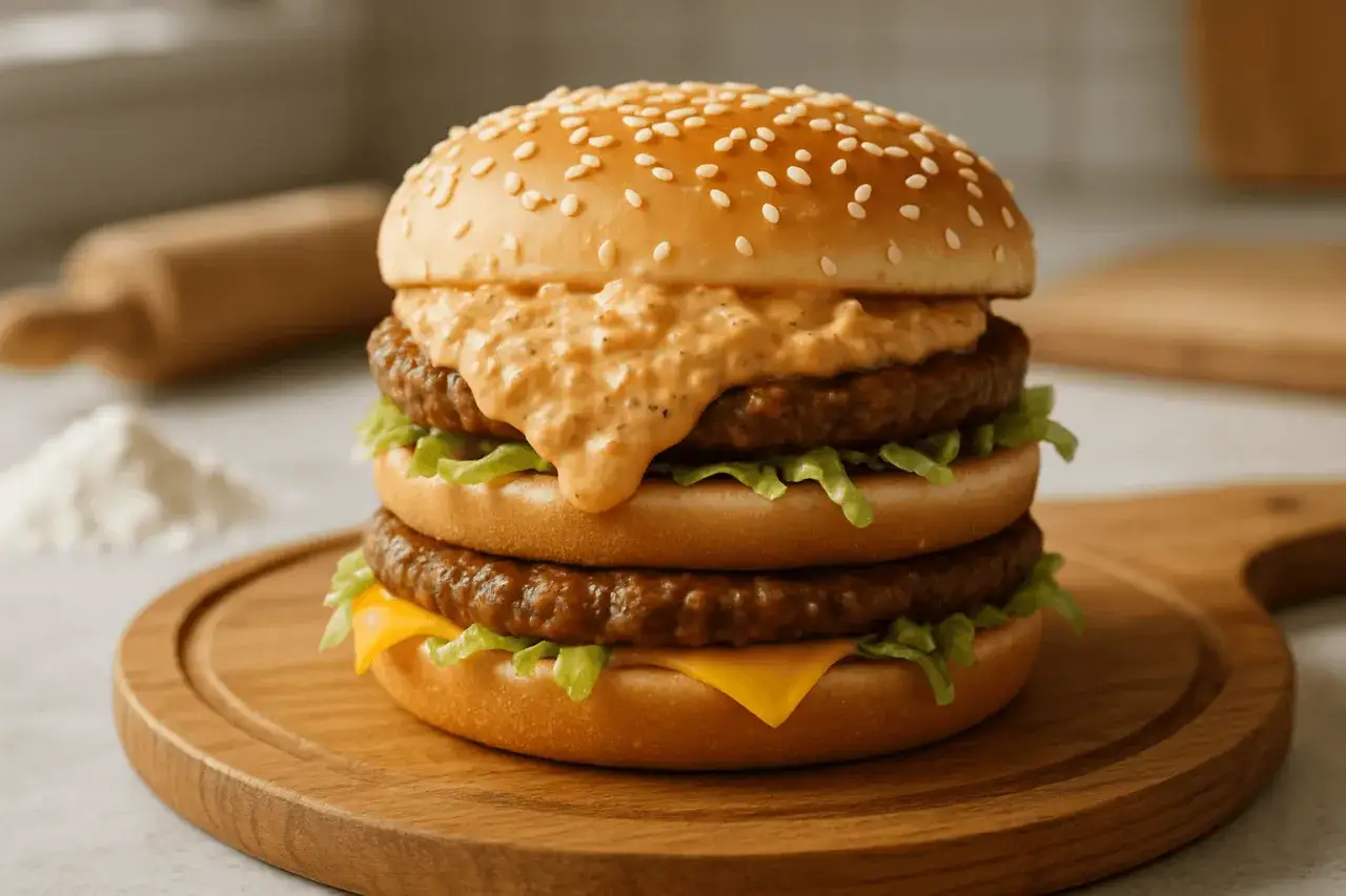 Apetyczny burger z dwoma kotletami, serem, sałatą i obficie polany kremowym sosem do big maca.