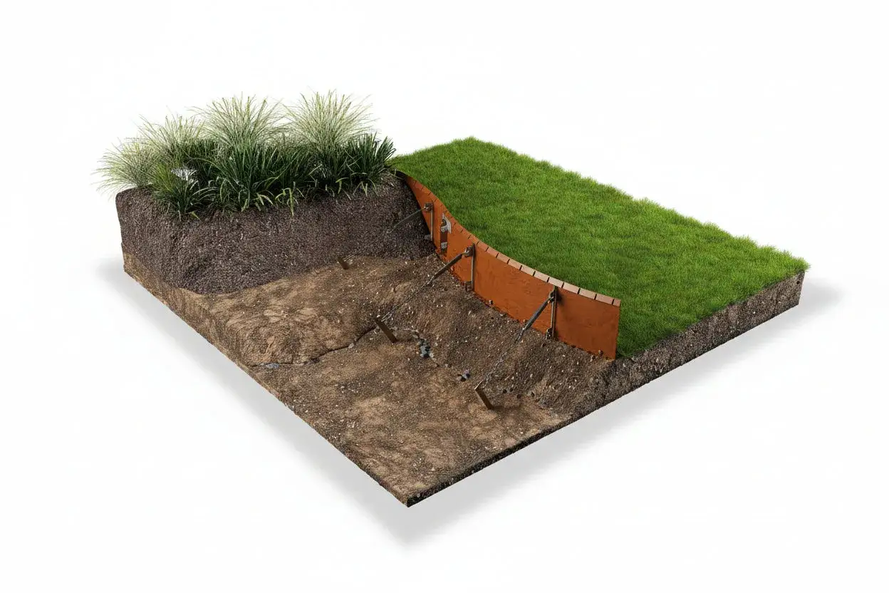 Corte de tierra mostrando un borde curvo de **acero corten** que separa césped y plantas de tierra suelta.