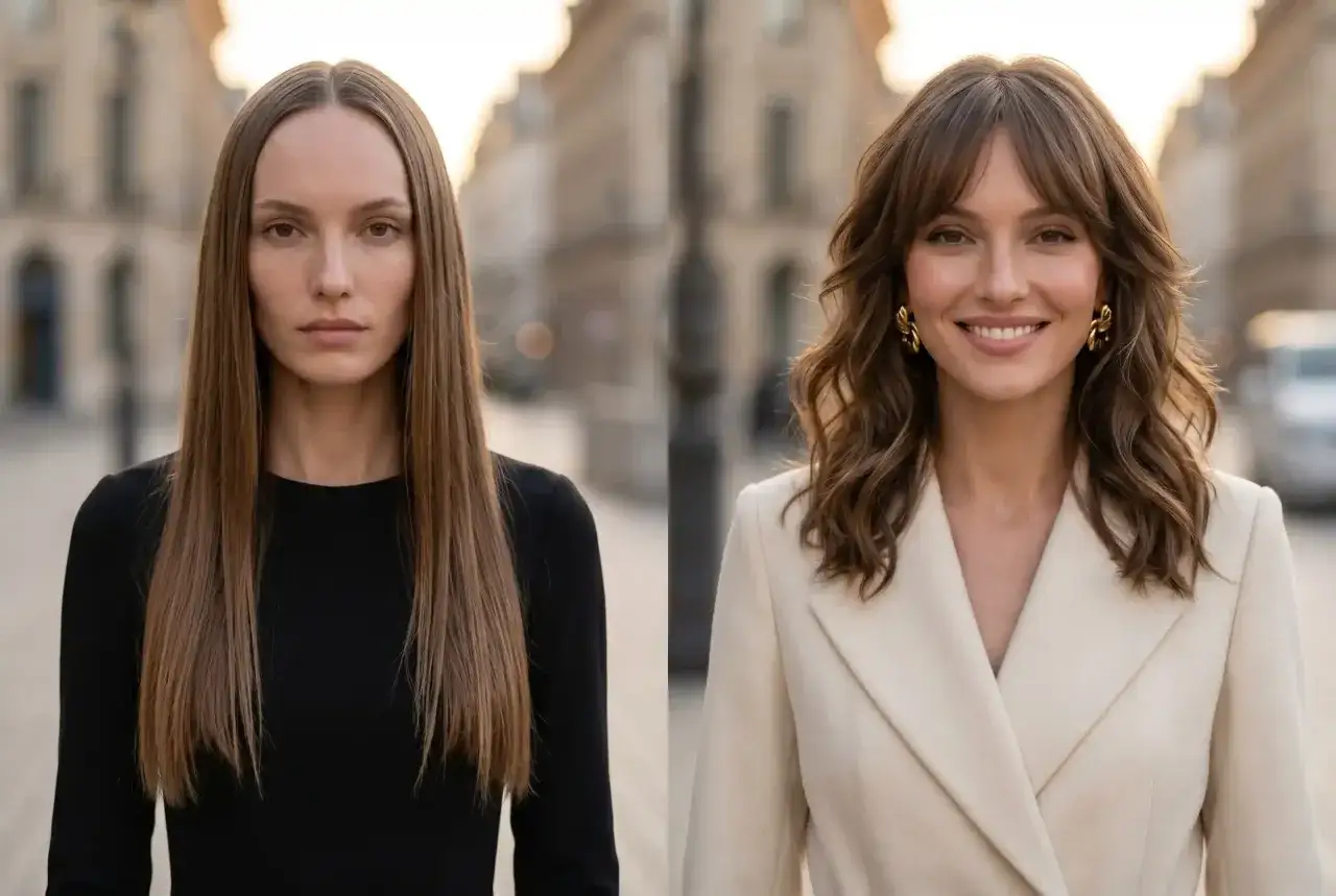 Dwie kobiety, jedna z prostymi włosami, druga z falowanymi, obie z pięknym **face framing**.