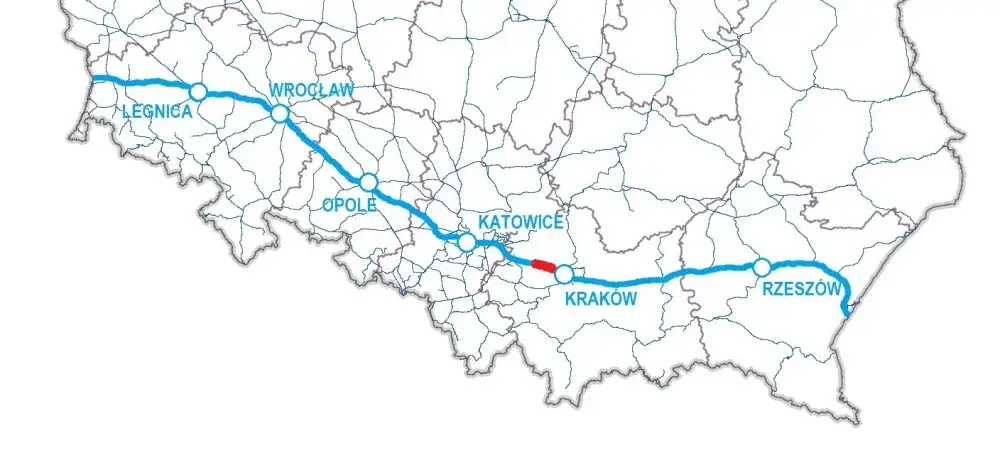 Mapa linii kolejowej Krzeszowice Kraków z zaznaczonymi stacjami