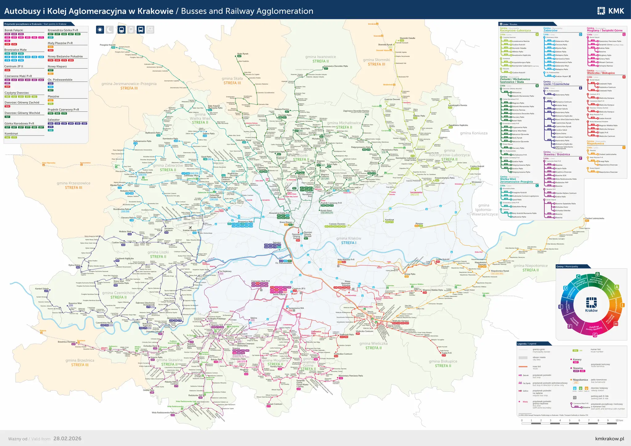 Mapa rozkład jazdy autobusów Kraków i okolic, pokazująca linie, przystanki i granice gmin.