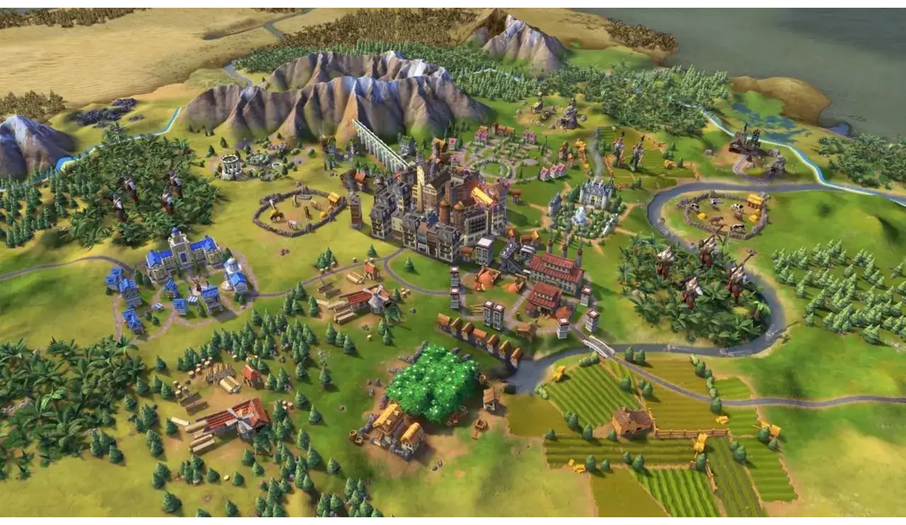 Rozbudowana cywilizacja w grze Civilization VI. Poradnik dla graczy pokazuje rozwój miasta, farmy, wojsko i budynki.
