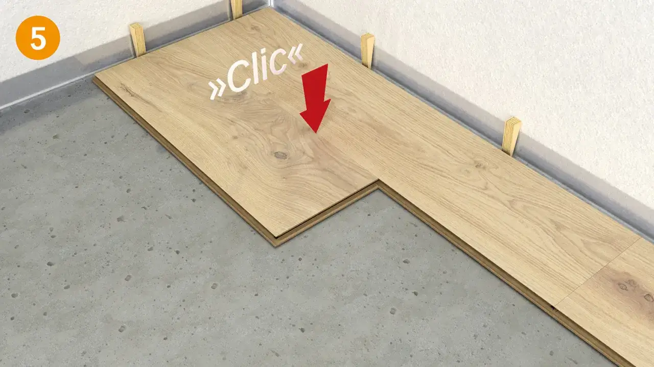 Schritt 5: Parkett selbst verlegen. Die n&auml;chste Diele wird einfach angeklickt. Keile halten den Abstand zur Wand.