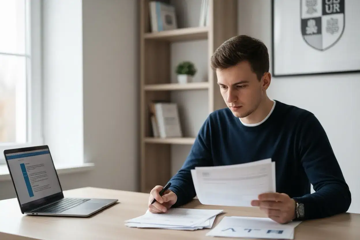 Młody mężczyzna siedzi przy biurku, analizując dokumenty i sprawdzając na laptopie, jak ZUS sprawdza status studenta.