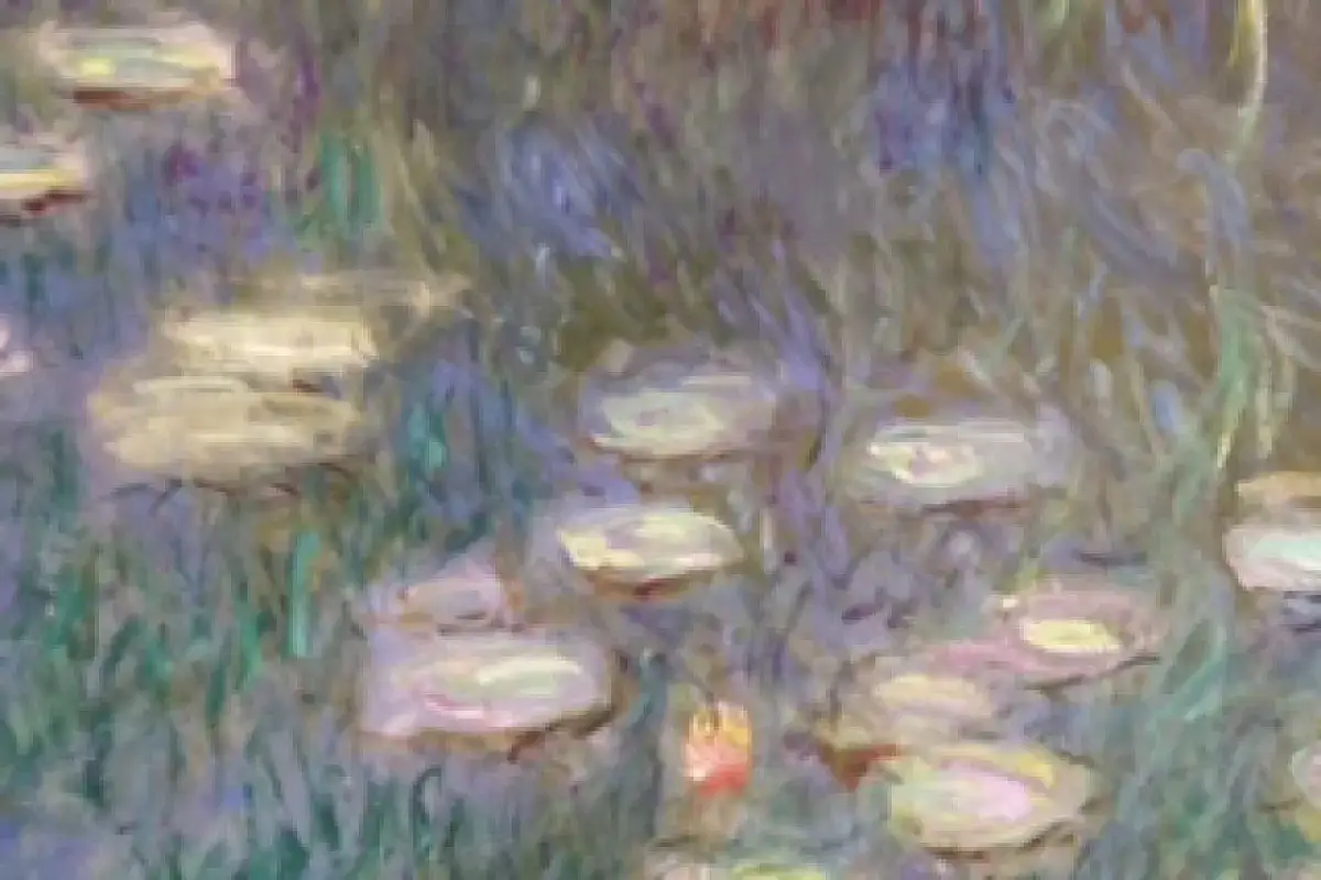 N&eacute;nuphars dans un &eacute;tang, dans le style impressionniste de Claude Monet. Les reflets bleus et verts dominent, avec des touches de rose et de jaune.