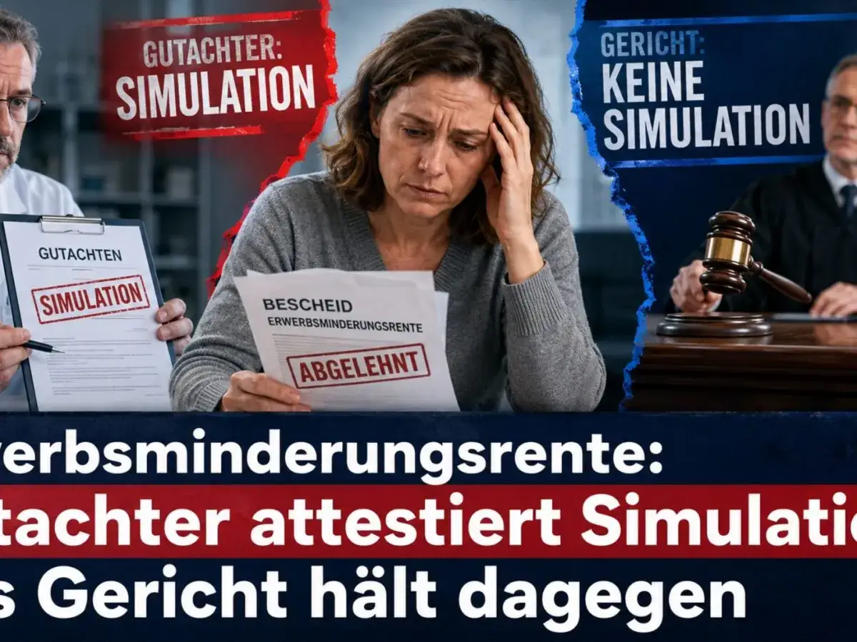 Frau mit abgelehntem Bescheid zur Erwerbsminderungsrente. Gutachten attestiert Simulation, Gericht sieht das anders.