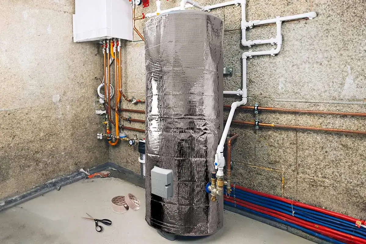 Pour isoler un ballon d'eau chaude, on utilise une couverture isolante argentée. Des ciseaux et du ruban adhésif sont prêts pour l'installation.