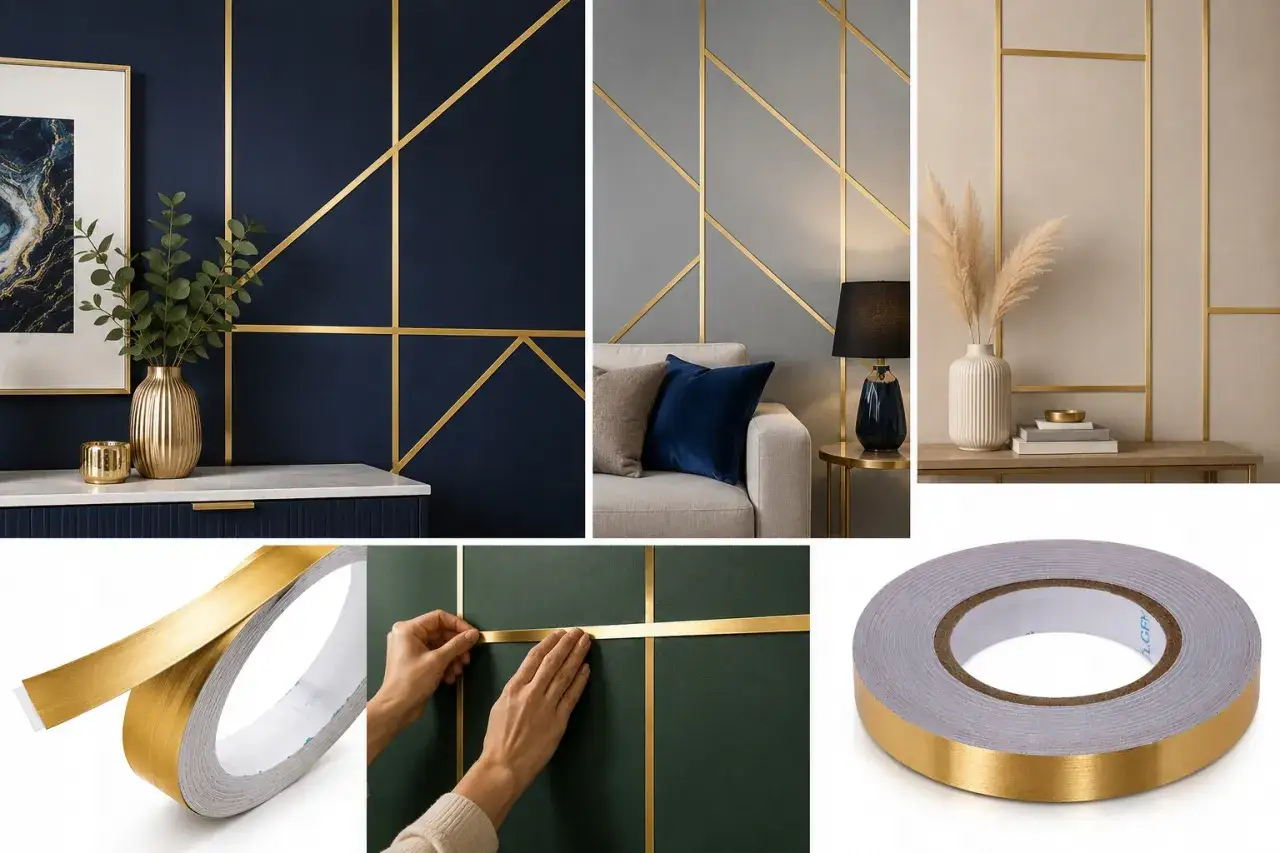 Nowoczesne wnętrza z geometrycznymi wzorami. Taśma ozdobna złota dodaje elegancji ścianom w różnych kolorach.