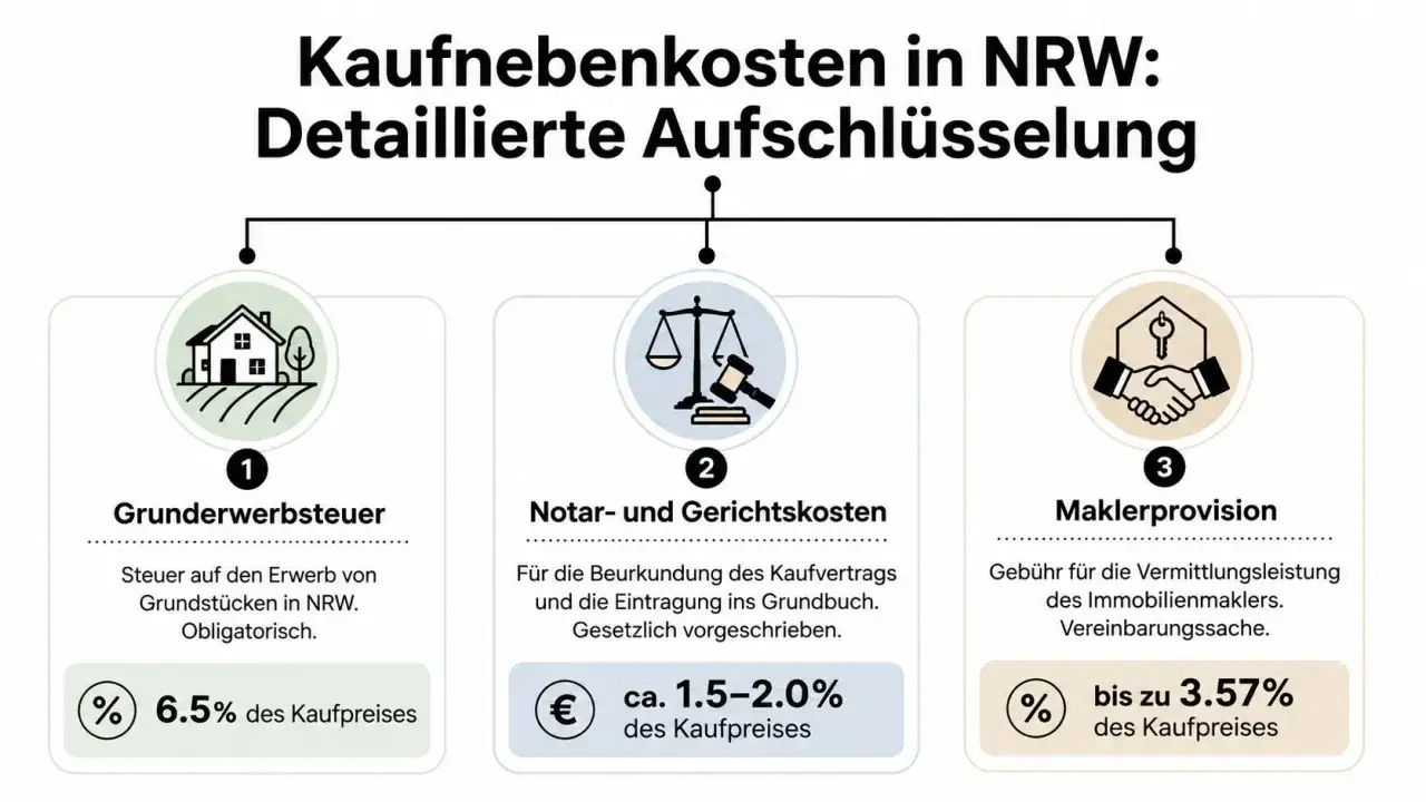 Kaufnebenkosten in NRW: Grunderwerbsteuer (6,5%), Notar-/Gerichtskosten (1,5-2%) und Maklerprovision (bis 3,57%).