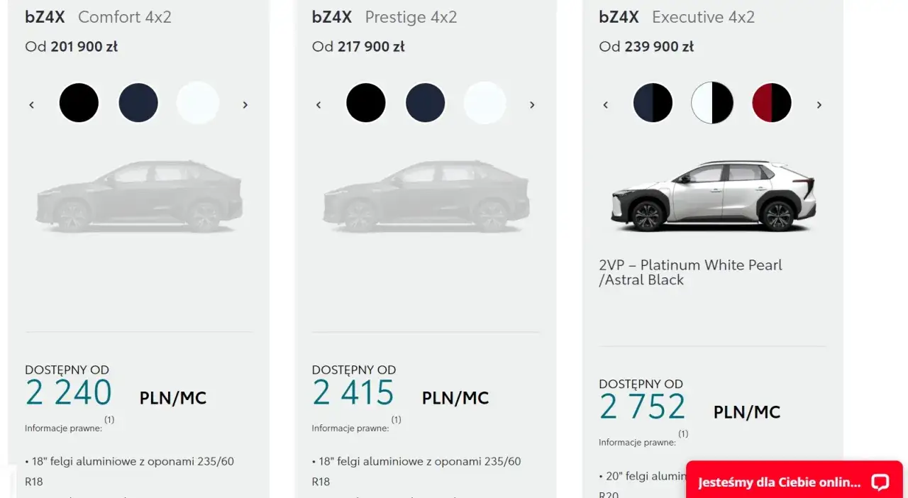 Toyota bZ4X cena: wersje Comfort (od 201 900 zł), Prestige (od 217 900 zł) i Executive (od 239 900 zł).