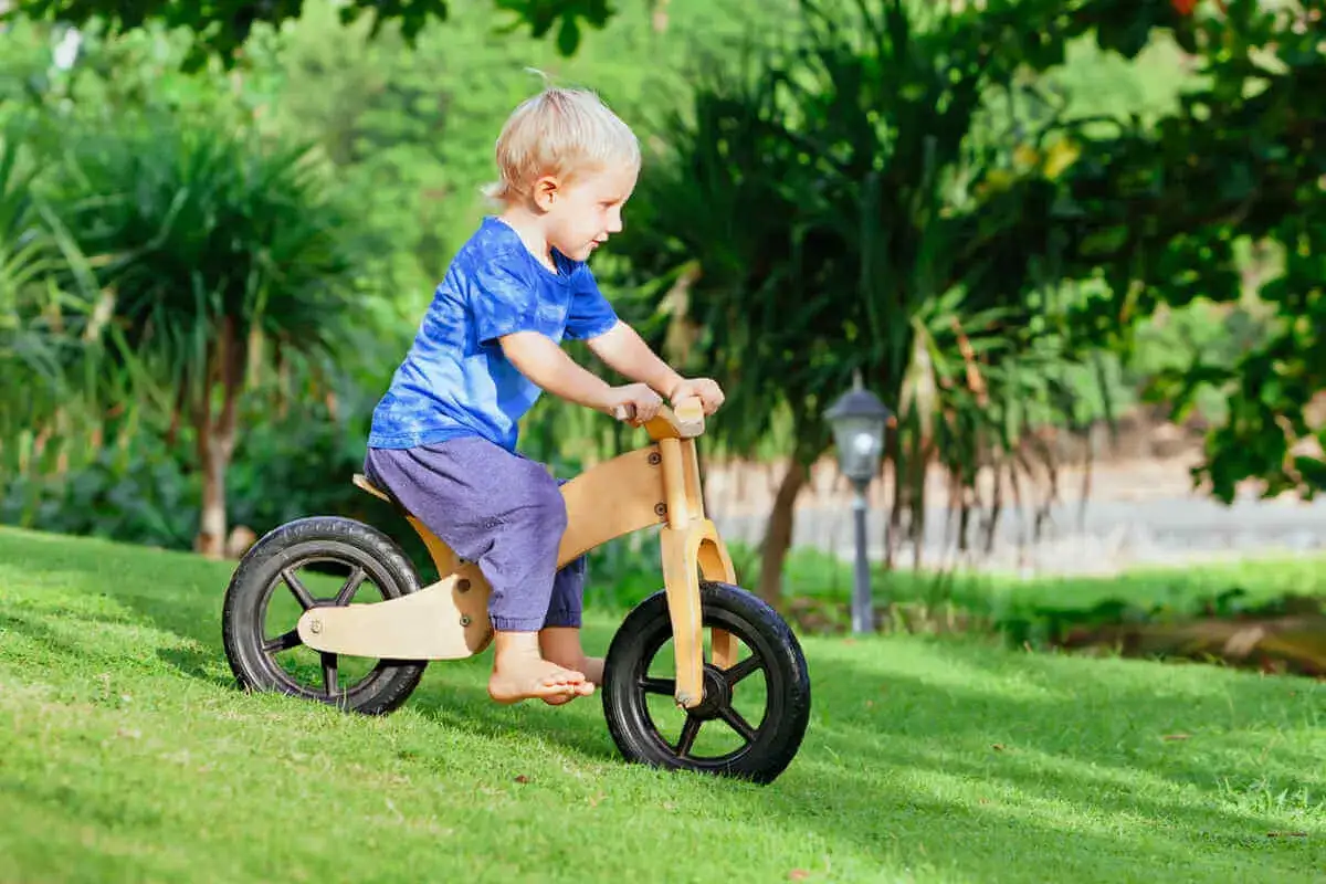 Ni&ntilde;o rubio de 1 a 2 a&ntilde;os, aprendiendo el equilibrio en bicicleta de madera en un jard&iacute;n verde.
