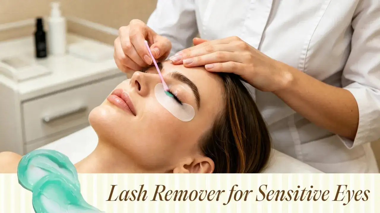 Une esth&eacute;ticienne utilise un coton-tige pour appliquer un d&eacute;maquillant sur les cils d'une cliente, montrant comment enlever des faux cils en douceur.