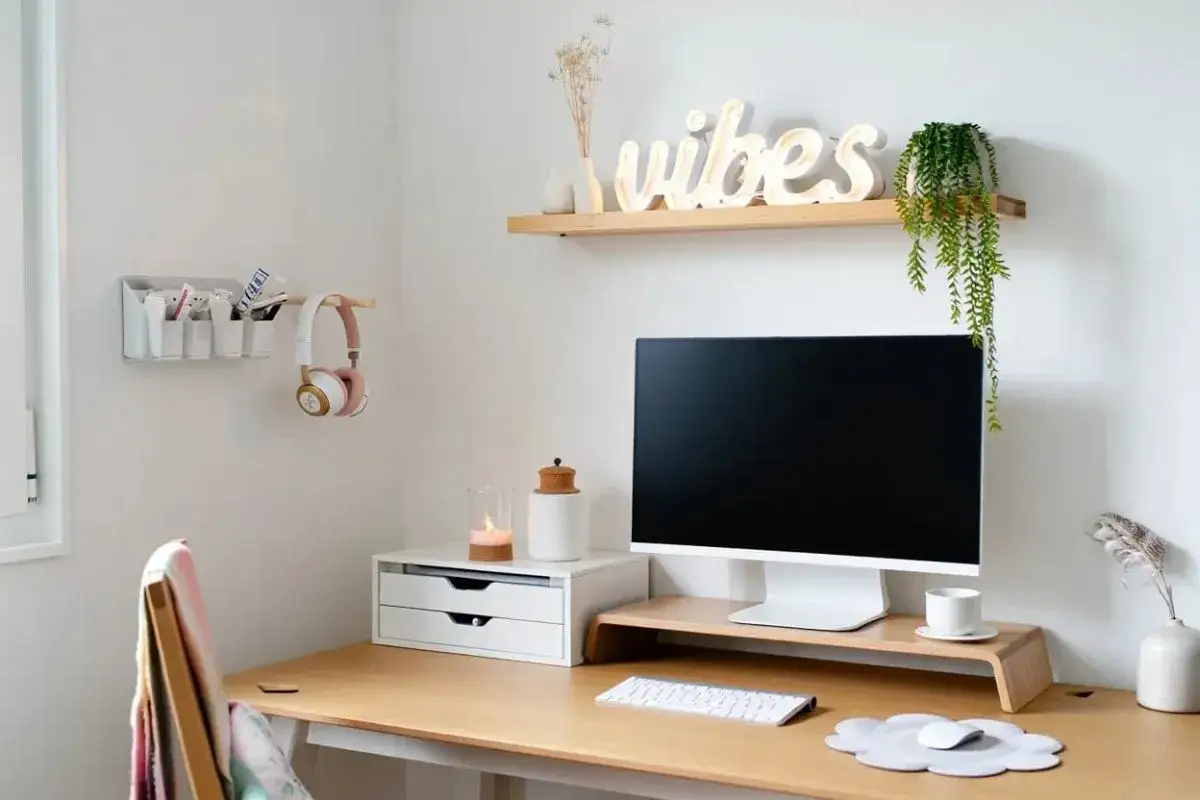 Coin bureau fonctionnel pour un petit espace. Un bureau organisé avec un écran, un clavier, des écouteurs et une plante retombante.