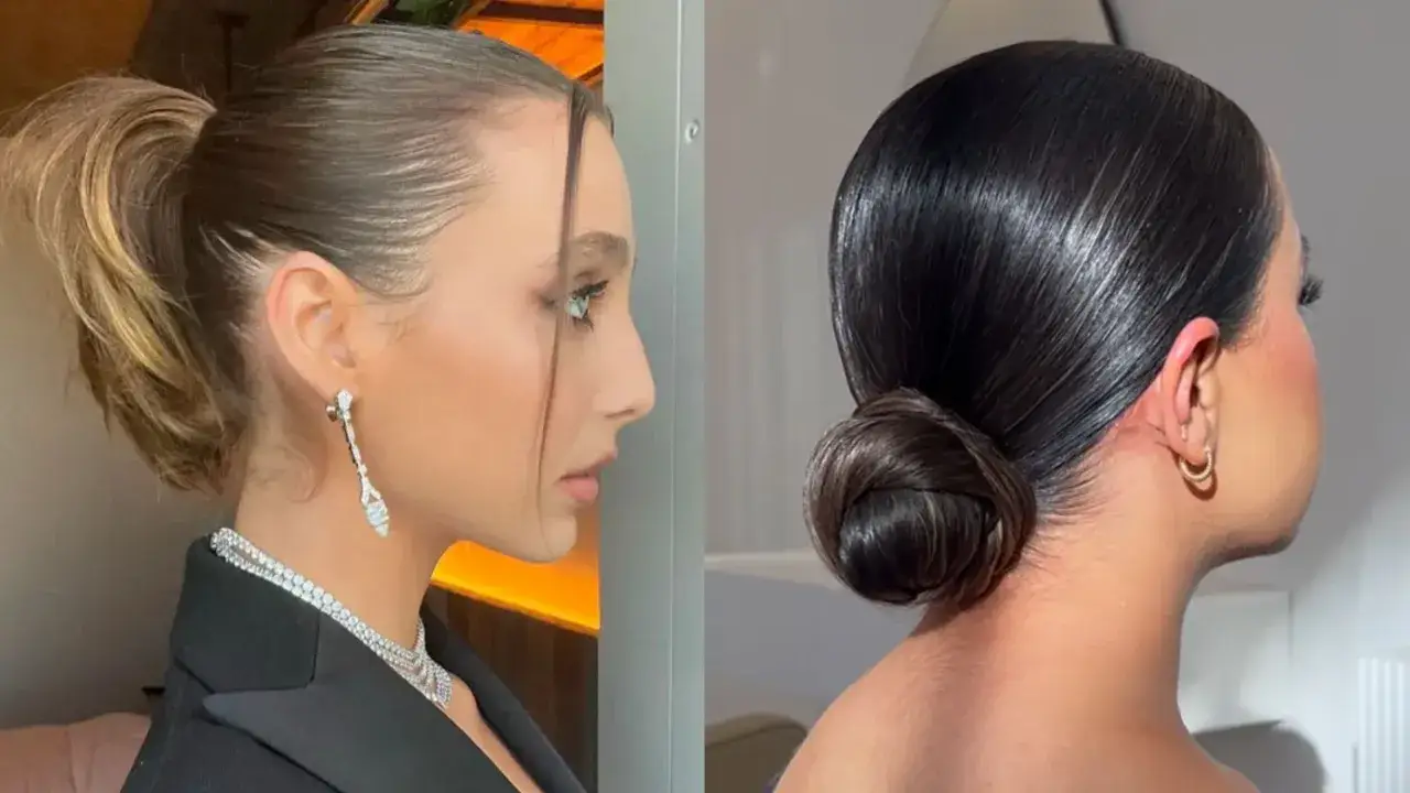Eleganckie upięcia włosów, które świetnie sprawdzą się, gdy chcesz jak ukryć tłuste włosy. Gładki kok lub wysoki kucyk.