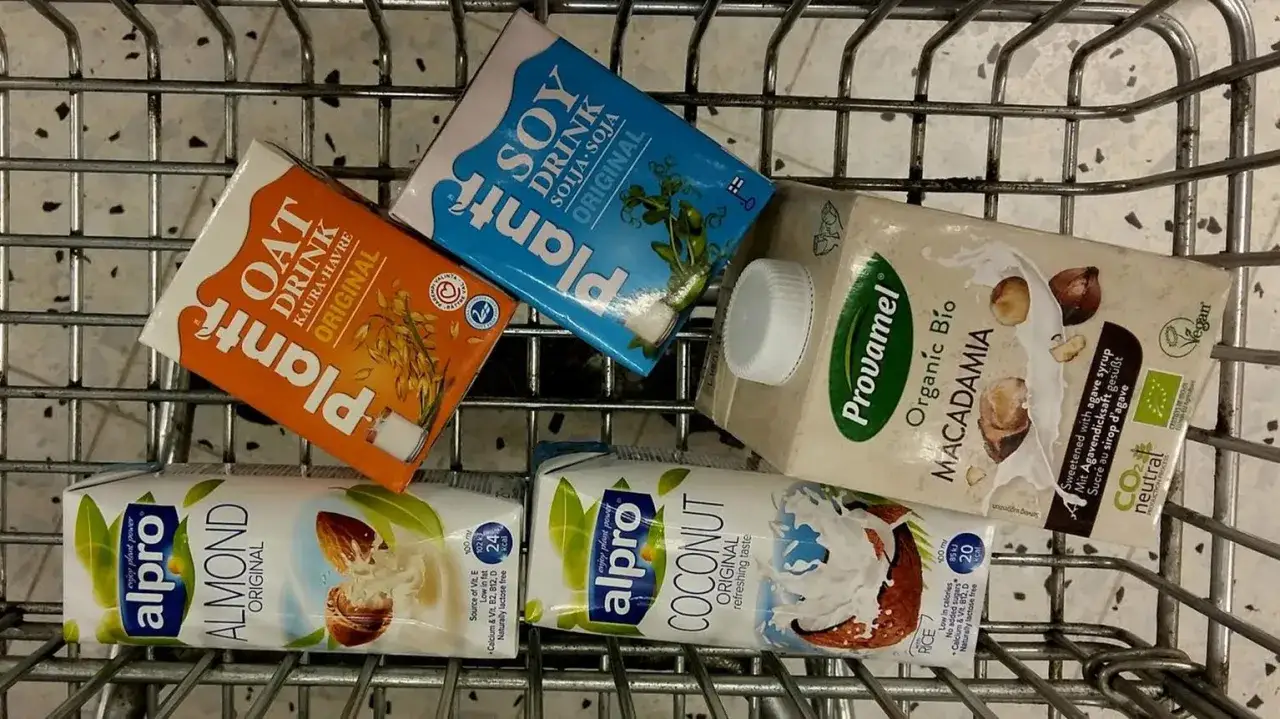 Olika **tipos de leche** i en kundvagn: havre, soja, mandel, kokos och makadamia.