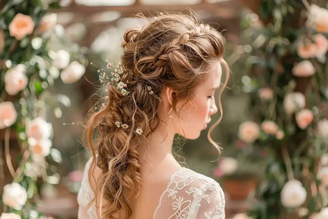 Une mari&eacute;e avec une demi queue tress&eacute;e orn&eacute;e de petites fleurs, pr&ecirc;te pour son grand jour.