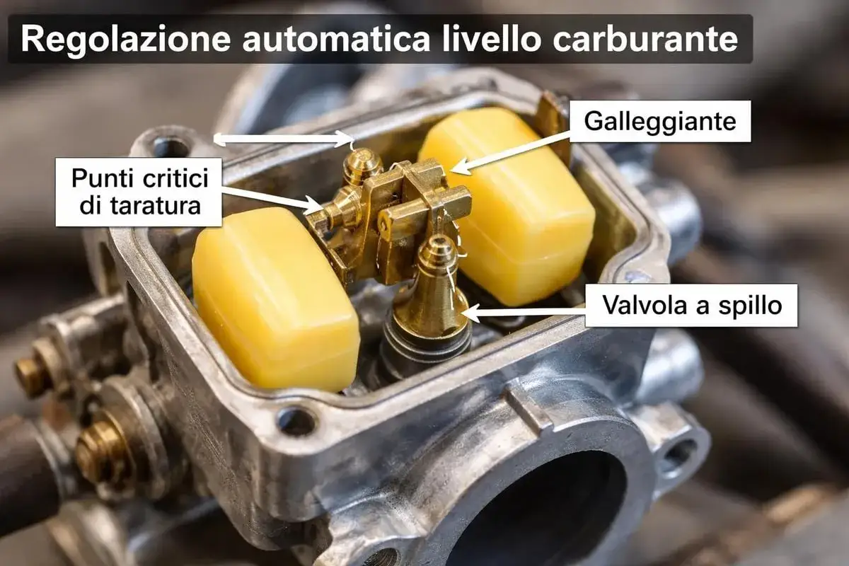 Carburatore macchina con galleggianti gialli e valvola a spillo, mostra la regolazione automatica del livello carburante.