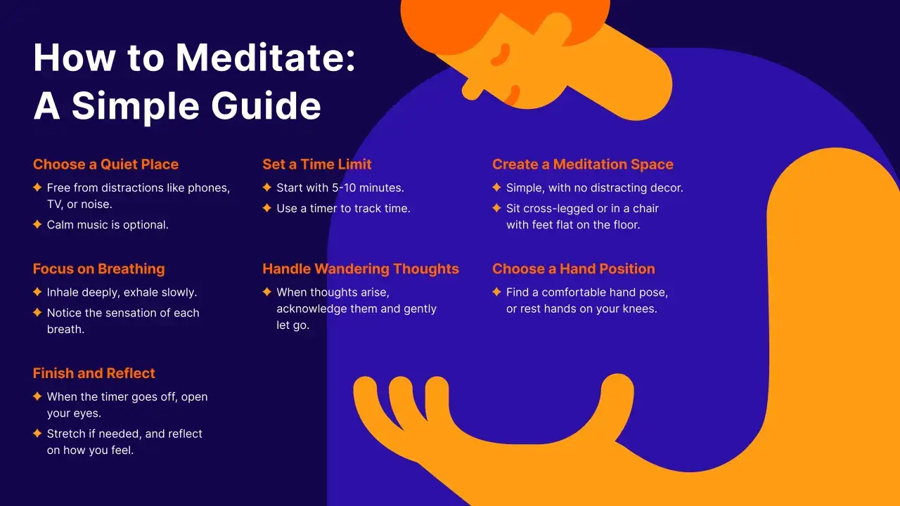 Guide to meditation: tips for finding peace. Includes choosing a quiet place, focusing on breath, setting a time limit, creating a space, handling thoughts, hand position, and reflection.