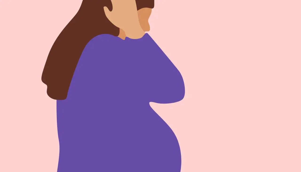 Illustration d'une femme enceinte, le ventre arrondi, le regard baissé. Un témoignage sur le déni de grossesse.