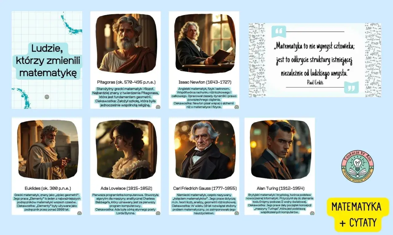Znani ludzie z dyskalkulią, którzy zmienili matematykę: Pitagoras, Newton, Euklides, Ada Lovelace, Gauss, Turing.