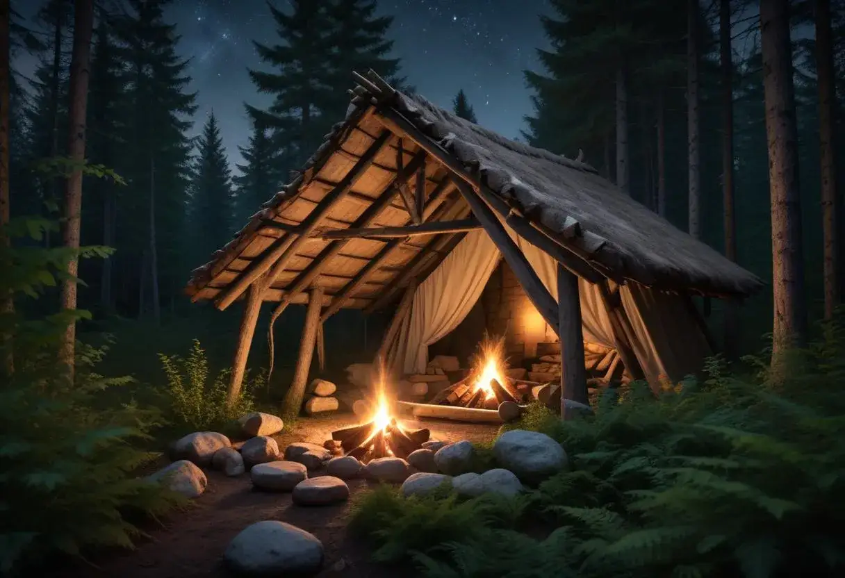 Mysig natt i skogen. Ett vindskydd med eldar som lyser upp mörkret. Perfekt för att sova i vindskydd.