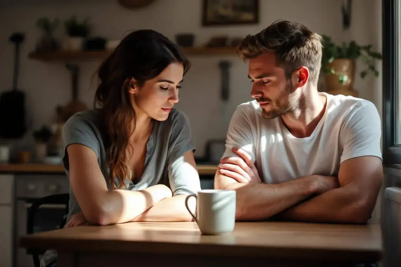 Un couple assis &agrave; table, le regard baiss&eacute;, une tasse entre eux. L'ambiance sugg&egrave;re un conflit dans le couple, une tension palpable dans le silence.