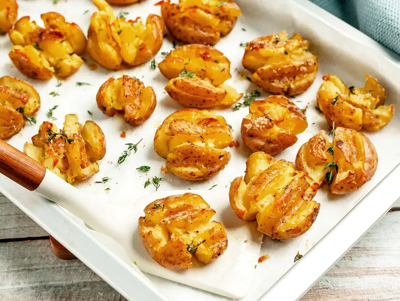 Knusprig gebackene, zerdrückte Kartoffeln mit Kräutern und Gewürzen auf einem Backblech.