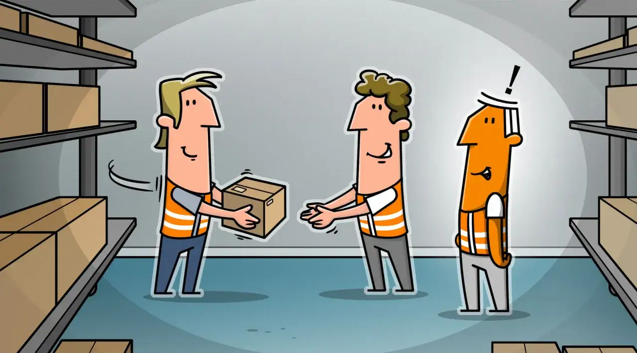 Lagerarbeiter übergeben ein Paket. Der Dritte im Bunde wundert sich über die **Probearbeiten** und die **Bezahlung**.