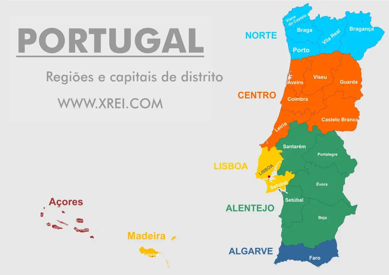 Karte Portugals mit Regionen und Hauptst&auml;dten. Die Karte zeigt die Verteilung der portugiesischen Einwohner auf die verschiedenen Regionen.
