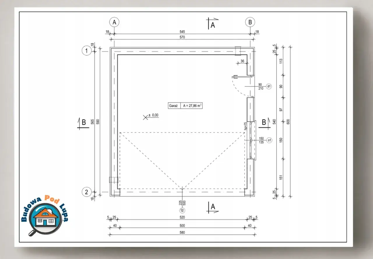 Plan garażu z wymiarami i oznaczeniami. Projekt garażu o powierzchni 27,86 m².