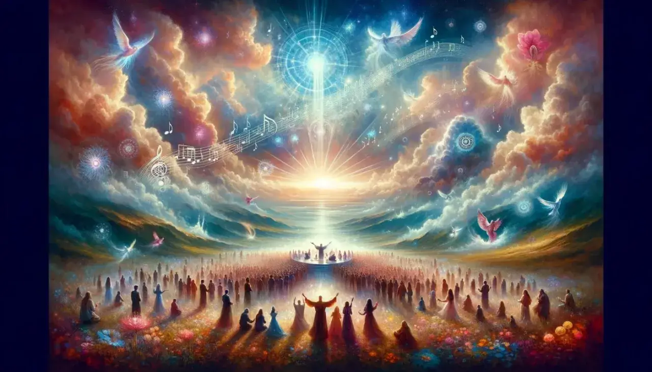 Himmlische Szene mit Menschenmenge, die zum Licht aufblickt. Musiknoten und gefl&uuml;gelte Wesen schweben. Die Hallelujah Bedeutung wird durch diese erhabene Vision von Einheit und Anbetung dargestellt.