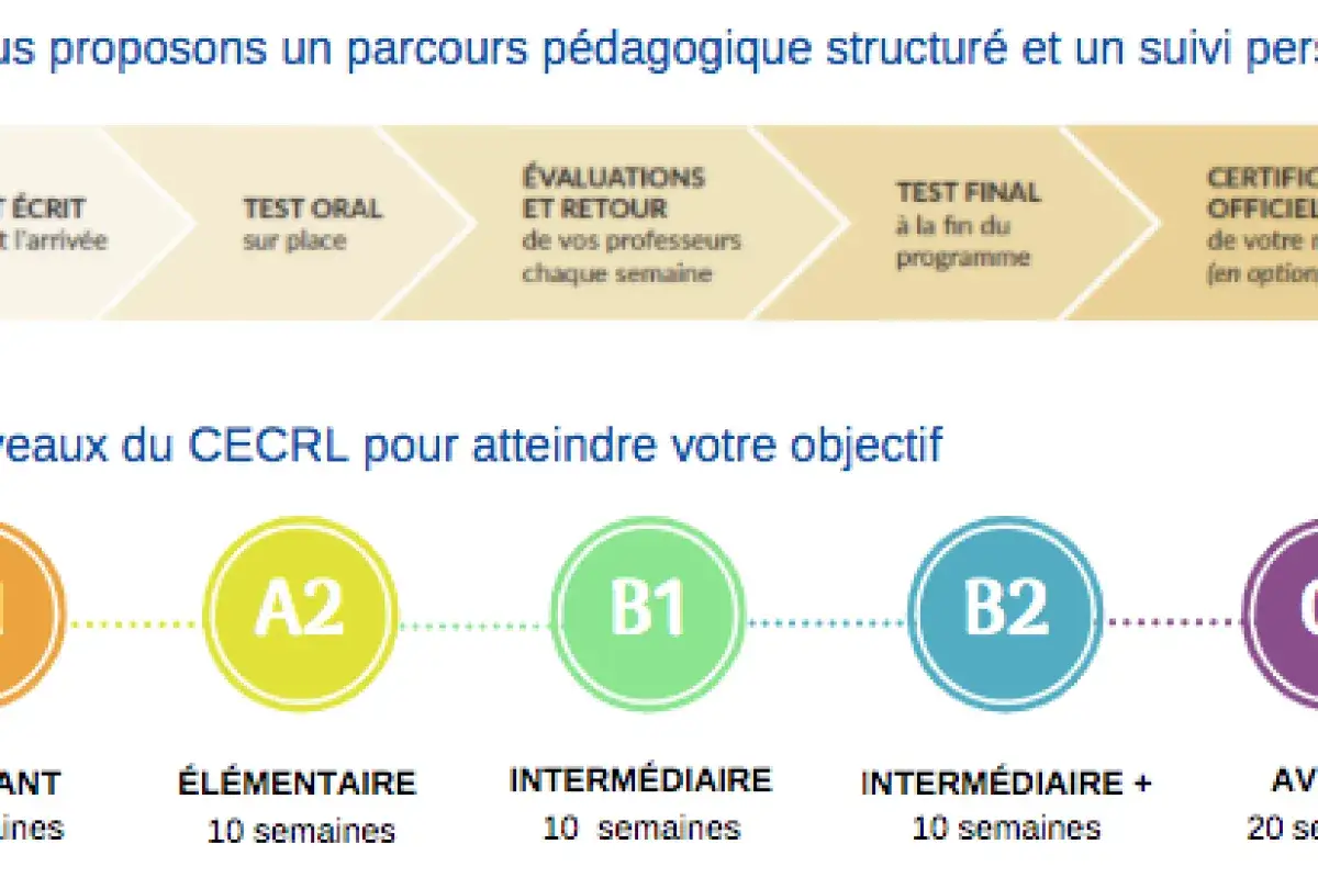 Diagrama muestra los niveles de franc&eacute;s del CECRL: A2, B1, B2, C1, con sus duraciones y etapas de aprendizaje.