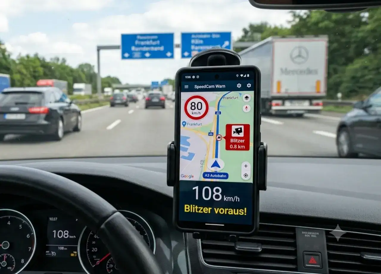 Handy warnt vor Blitzer auf der Autobahn. Die App zeigt 80 km/h Limit und 0,8 km bis zum Blitzer. Aktuelle Geschwindigkeit 108 km/h.