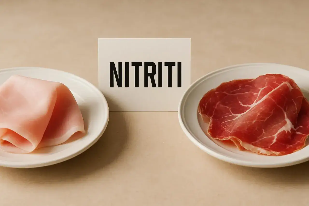 Prosciutto cotto rosa e crudo rosso, con un cartello 