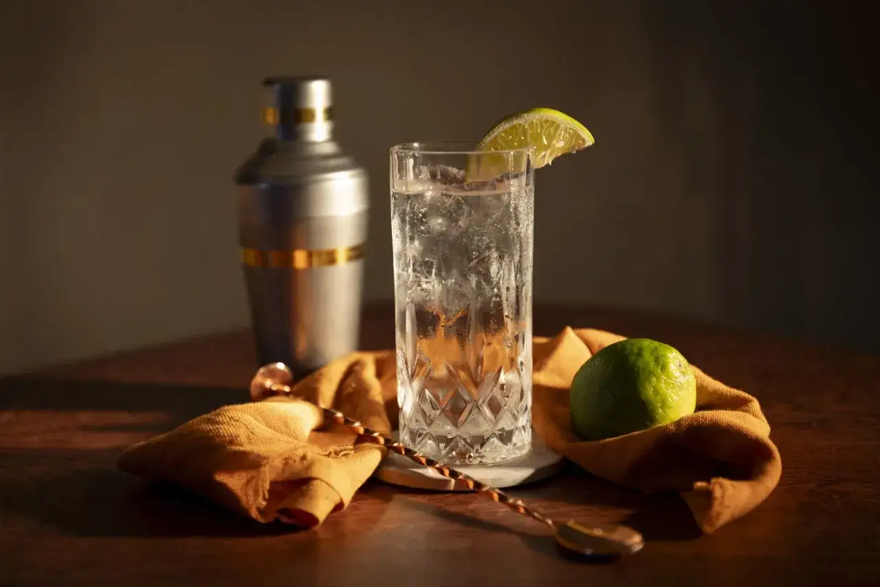 Ein Glas mit Eis und Limette, daneben ein Shaker und eine Limette. Perfekt für einen Pisco Sour – aber was ist Pisco?