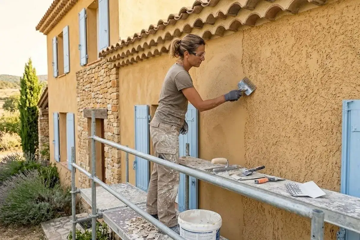 Une femme applique un enduit taloché extérieur sur un mur de maison, créant une texture rustique.