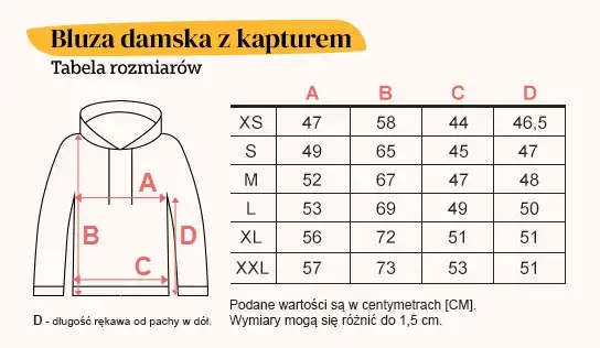 tabela rozmiarów bluzy damskiej