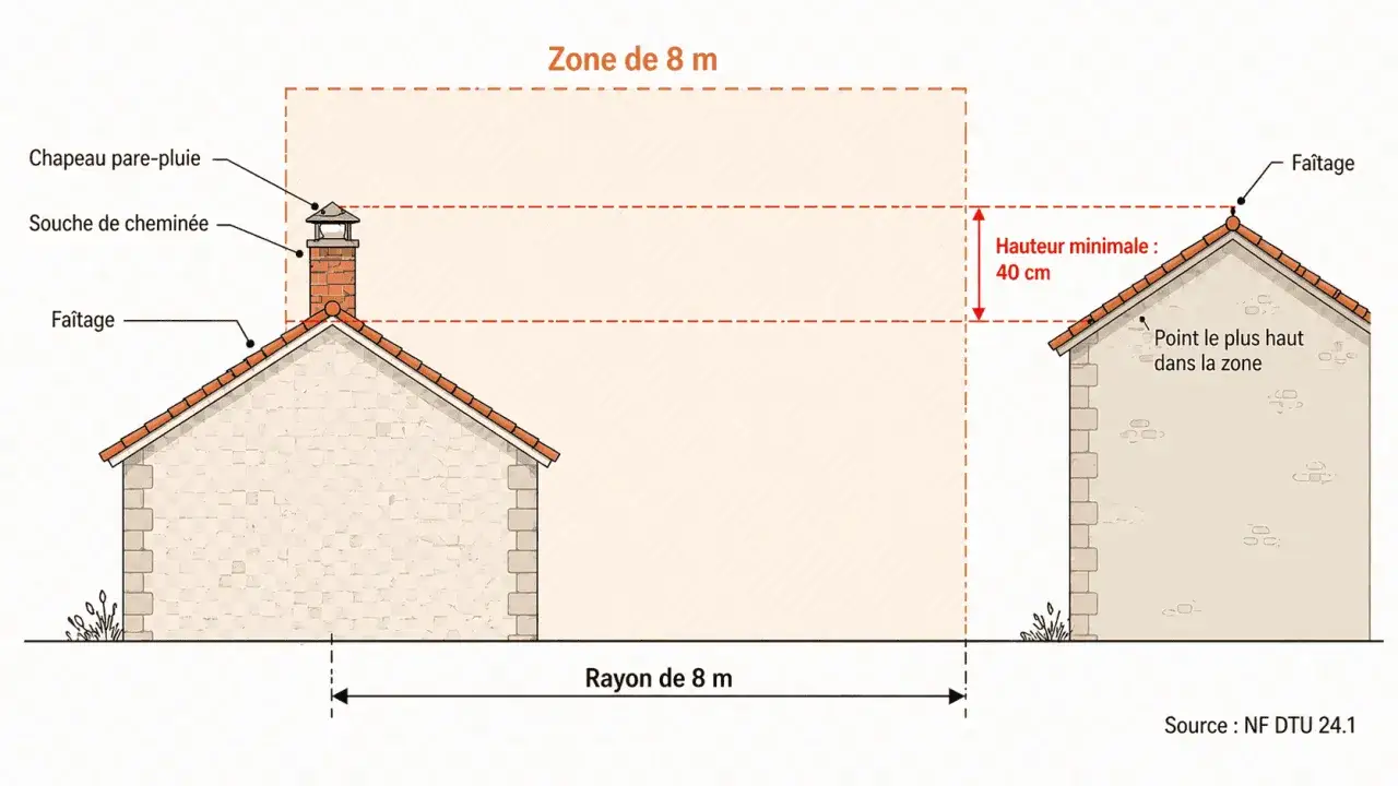 Schéma illustrant la hauteur maximum tubage poêle à granulés. Zone de 8m autour de la souche, avec une hauteur minimale de 40 cm au-dessus du faîtage.