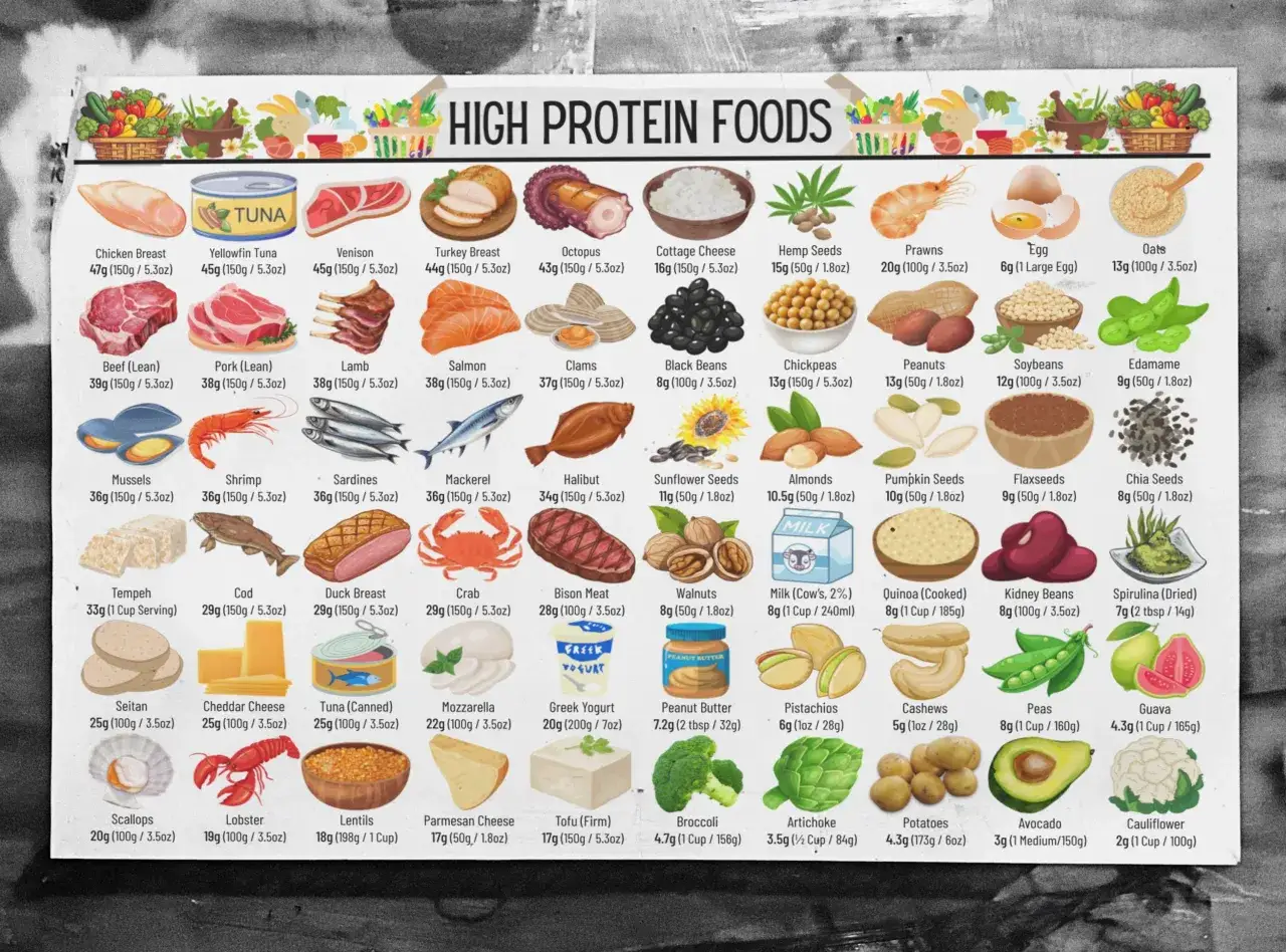 Vielf&auml;ltige Lebensmittel, in denen Proteine vorkommen: Fleisch, Fisch, Milchprodukte, N&uuml;sse, H&uuml;lsenfr&uuml;chte und mehr.