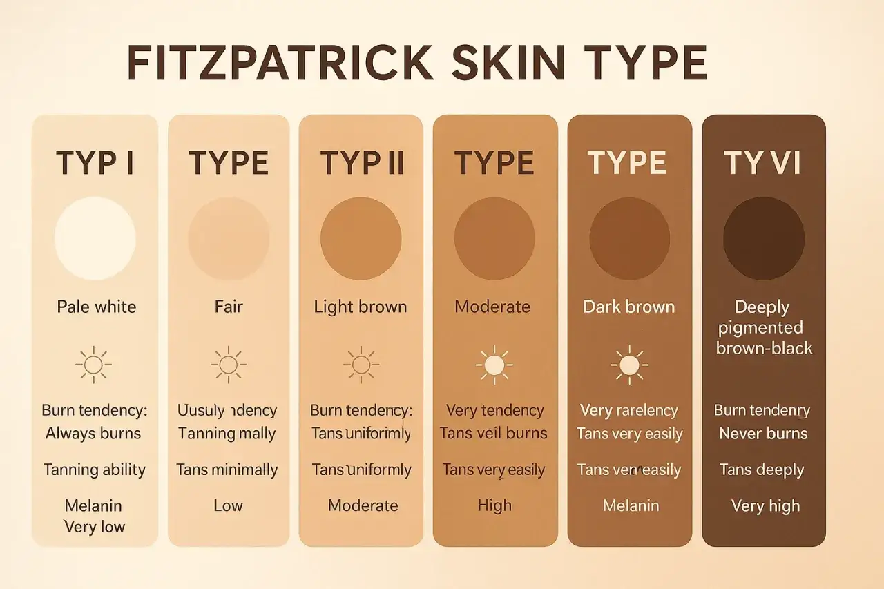 Classificazione dei fototipi pelle Fitzpatrick: dal bianco pallido al nero, con indicazioni su scottature e abbronzatura.