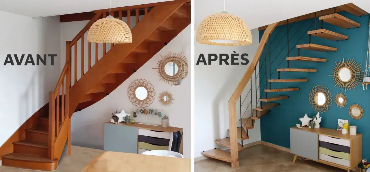 Avant/Après : un escalier en bois transformé pour rajeunir l'espace. Les marches en bois flottant et la rampe moderne donnent un nouveau souffle.